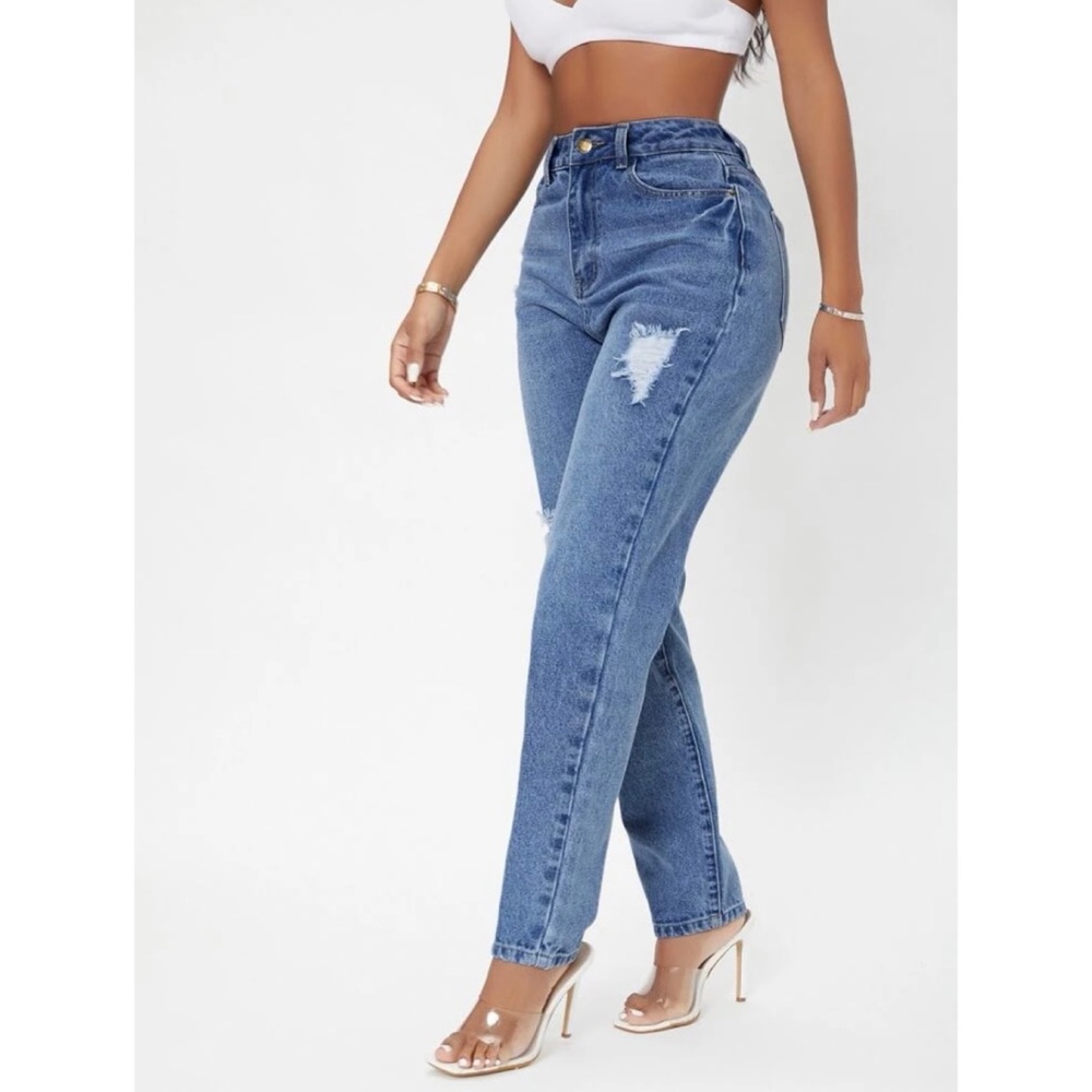 NEW High Rise Ripped Straight Leg Jeans - Picture 4 of 6
